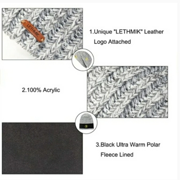 Lethmik Marled Gray Knit Men’s Slouchy Fleece Lined Beanie Hat - Picture 3 of 9